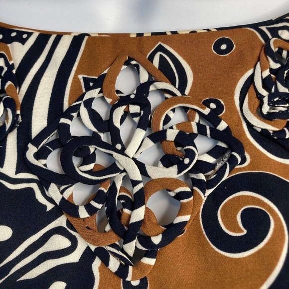 Tory Burch Silk Top Sz 4 Navy Brown Abstract Print Fall Colors Classic Tailored - Picture 5 of 10